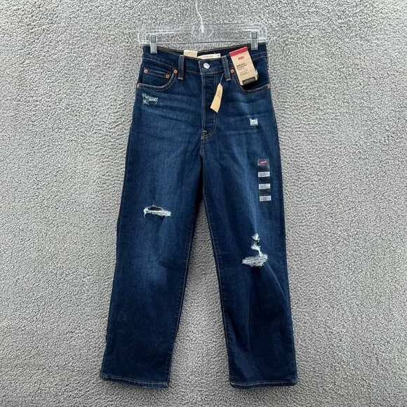Levis Rib Cage Straight Ankle Jeans Womens 26 X 27 Button Fly Distressed Denim - Picture 1 of 13